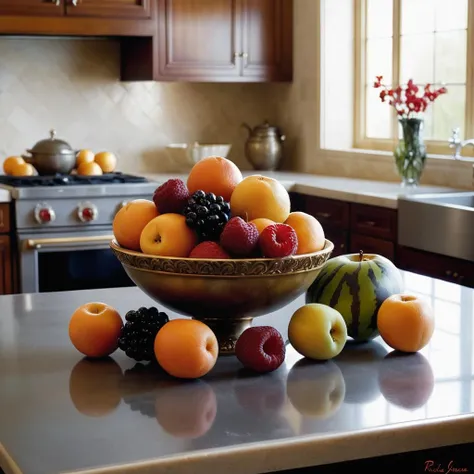 a classic landscape painting of a perfect bowl of fruit sitting on a counter in an upscale elegant kitchen, by Richard S. Johnson