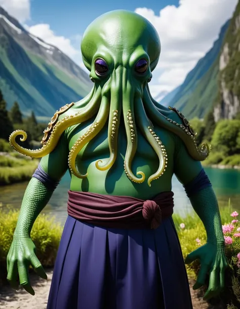 breathtaking A fat green (skinned tentacled alien being wearing traditional clothing:1.3) on vacation enjoying the local party scene at afternoon in Rivendell by J.R.R. Tolkien . award-winning, professional, highly detailed