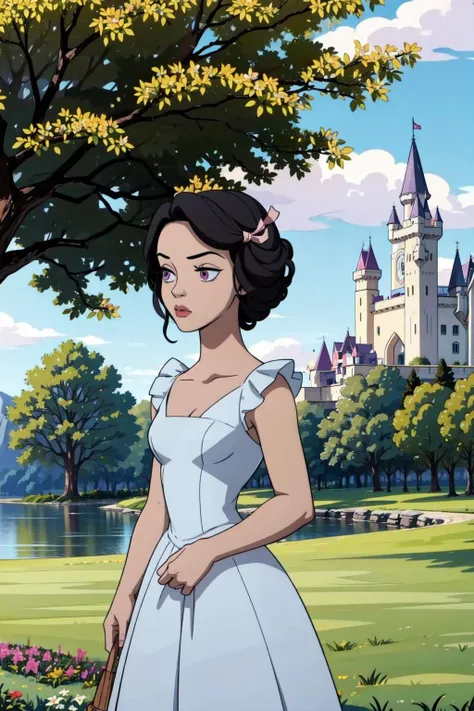 inusen,nezukorps, 1girl, solo, black hair,purple eyes, white pupils, cowboy shot,princess,(light blue princess dress), tiara, castle in the background,(pink hair ribbon), moat, tree, grass, flower,short hair, arms at sides,(best quality, masterpiece) , <lora:nezukorps_v1:1> <lora:inusen_v1:1>