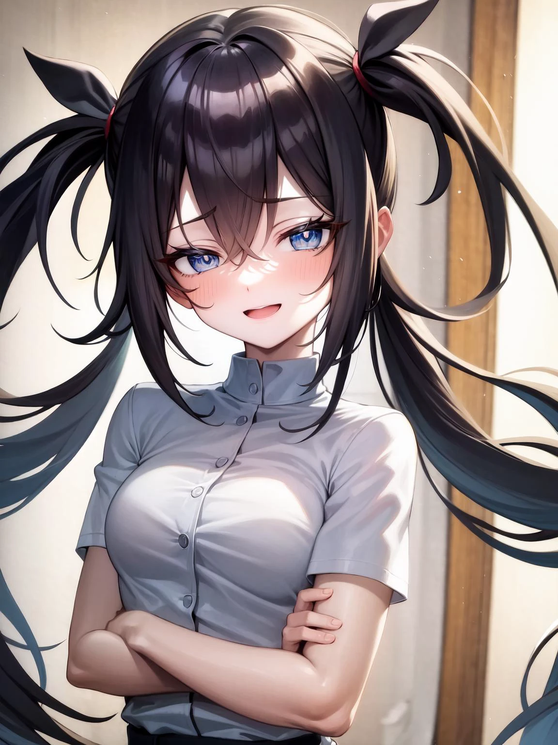 masterpiece, best quality, solo, crossed arms, little smile, twintails, black hair, open mouth, uniform, blue eyes, hair between eyes, <lora:betterHalfClosedEyes_v10:1>, half-closed eyes, upper body, looking at viewer,