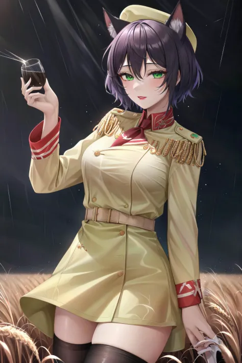 <lora:half-closed_eyes:0.8> <lora:AnimeOfficer:0.8> 1girl, glamor, short hair, curly hair, long_eyelashes, red_lips_, dog ears, green eyes, star_in_eye, half-closed_eyes, military_uniform, drunk, masterpiece, in summer, night, rain, wheat field, night_sky