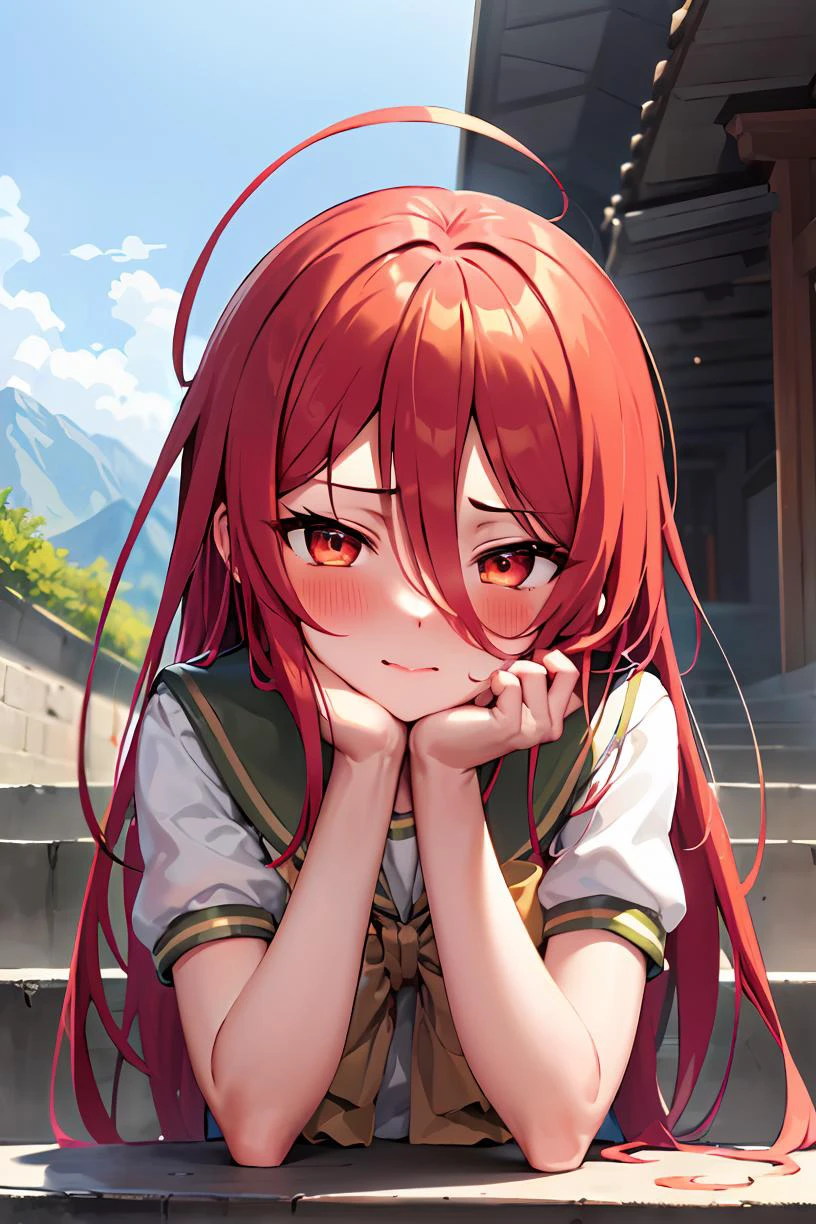 <lora:shanaCharacterLora_v10:1>HALF-CLOSED_EYES, shanaschred,kissing, upper body, blush, outdoors, day, simple background, blue sky, sky, temple, looking at viewer, stairs, mountain, moody lighting, facing viewer,<lora:betterHalfClosedEyes_v10:0.6>