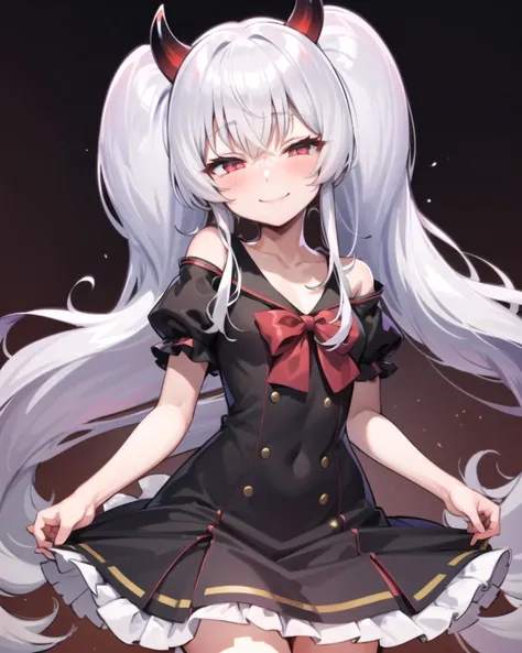1girl, solo, blush, looking at viewer, light smile,
<lora:half-closed_eyes:0.6>, (half-closed eyes), closed eyes,
<lora:GrimAloe:0.6>, (grim aloe, demon girl, demon horns, twintails), black dress,