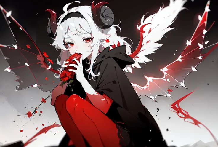 (sheep ears white messy hair girl with curled horns:1.5), bare_shoulder, (black cloak:1.2),(half_closed_eyes:1.2),
(flat_color:1.4),fang,(realistic lighting:1.3),
1girl,(red_eyes:1.3), (eating bouquet, flower:1.3), solo, (shaded_face)
(white_hair:1.2), black lace-trimmed gloves,(white eyelashes:1.2),(animal ears), black_hairband,french_braid, (red transparent_devil_wings:1.5)
wind,liquid hair, bare_legs see-through lace
blur foreground
<lora:half-closed_eyes:0.2>
<lora:func_add_detail:-0.5>