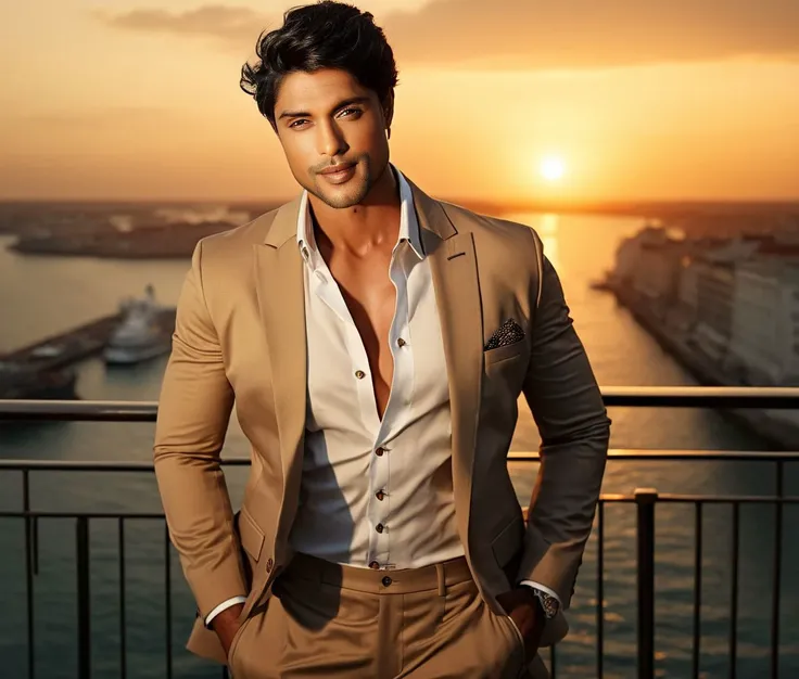 Nautical-themed (Photo:1.3) of (Ultrarealistic:1.3) <lora:Man_Men_FFashion:1> dj cassidy a man <lora:Ankit-Gupta_DJ-Cassidy:1> in a tan suit standing on a balcony, sun behind him, inspired by Pablo Munoz Gomez, shot at golden hour, editorial photograph, midshot of a hunky, by Roman Bezpalkiv, by Artur Tarnowski, maxim sukharev, by Gabor Szikszai,Highly Detailed,(Mono Color:1.3) . Sea, ocean, ships, maritime, beach, marine life, highly detailed