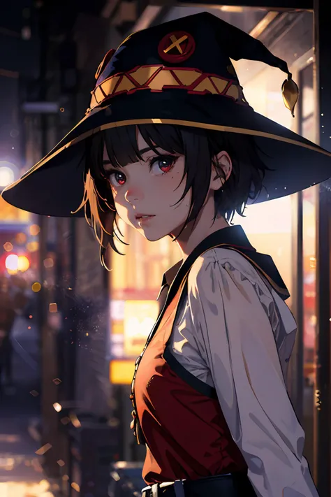 (Masterpiece, best quality, professional shading), (Canon EOS D5 mk IV 90mm), portrait, close up medium shot from low angle, 1girl, solo, megumin, short hair, dress, red dress, hat, witch hat, belt, mature female, short hair, (detailed face and eyes), remarkable eye color, candid pose, looking at the viewer, cinematic, JW, starry city night sky, bokeh, br_max, (rim light, diffused artificial white light panel, highly detailed, dof, sharp focus, v-ray render, hyperrealism), <lora:JW:0.3>, <lora:br_max-000014:0.2>, <lora:megumin-10:0.9>