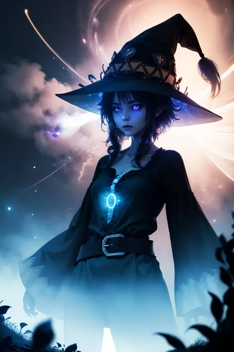 (Masterpiece, best quality), 1girl, solo, megumin, mature female, aesthetic:1.3, hyperrealism, photorealistic:1.1, short hair, dress, red dress, hat, witch hat, belt, <lora:Gloomifier_V2_TheGlow:1.6> glowing eyes, energy, light, color, elemental and cosmic elements swirl and levitate around her. An indigo blue aura visibly resonates out from her body, cinematic scene, JW, starry light fills the city night sky, bokeh, br_max, (rim light, highly detailed, dof, sharp focus,), <lora:JW:0.3>, <lora:br_max-000014:0.2>, <lora:megumin-10:0.9>