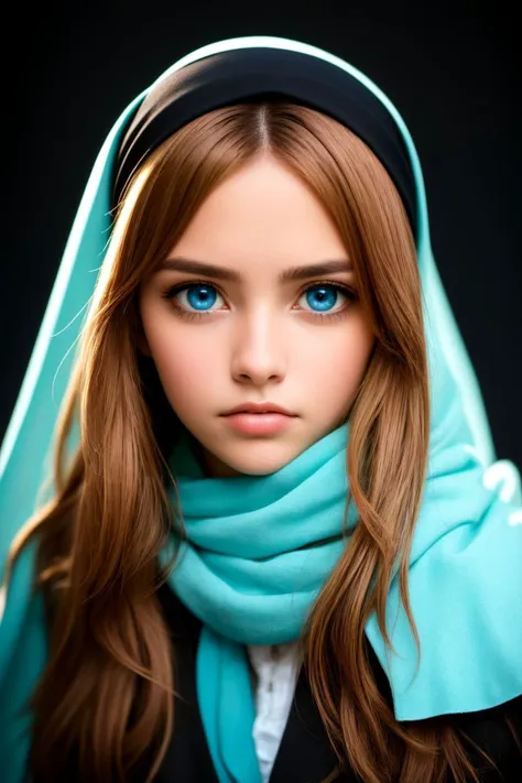 A photo of a person with (striking blue eyes:1.3), dark complexion, draped in a (black headscarf:1.2), (piercing gaze:1.2), subtle facial features, high contrast against (dark background:1.1), (depth in eyes:1.2), natural light highlighting face, sharp focus, portrait orientation, Canon EOS R, 1/80s, f/2.8, ISO 100, (soulful expression:1.3), intimate portrait, profound narrative, (rich texture detail:1.1), fine art photography