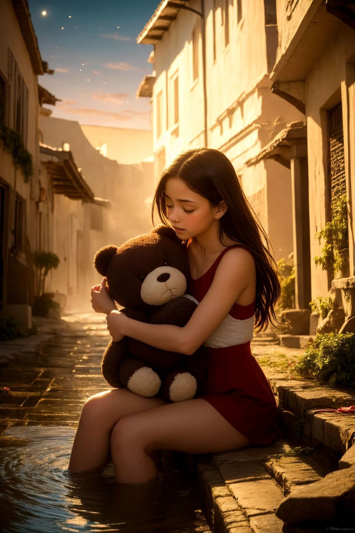 (High Quality:1.4), (Best Quality:1.4), (masterpiece:1.4), official art, official wallpaper, 4k textures,
Surreal embodiment of true Christmas spirit evoked!
girl clutching teddy bear hugs shivering homeless boy tightly providing comfort against biting wind swirling ominously through alleyway littered carelessly with last night's garbage, angelic choirs sing sweet melodies accompanying heavenly glow bathing tender scene in celestial luminosity, benevolence personified manifest tangibly bridging gap between haves/have nots, selfless acts performed selflessly ignoring societal constraints dictating who receives blessings when instead focusing solely on genuine compassion felt deeply resonating universally, tears roll down cheeks touched deeply witnessing miracle taking place right before watchful eyes affirming faith restored once more,
(detailed:1.05), (extremely detailed:1.06), sharp focus, (intricate:1.03), (extremely intricate:1.04), low contrast, soft cinematic light, soothing tones, HDR, (Epic scenery:1.09), (beautiful scenery:1.08), (detailed scenery:1.08), (intricate scenery:1.07), (wonderful scenery:1.05), OverallDetail