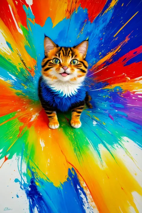 abstract expressionist painting of an award-winning photo of an (cat | animal | bug ), hyperrealistic cub, zhibi, energetic brushwork, bold colors, abstract forms, expressive, emotional, happy, big grin