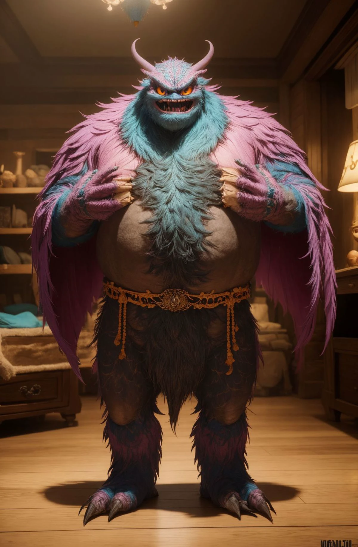 A very detailed cute monster designed for Pixar animated movies. It tries to be scary but it can't. Full body, colorful, fatso, fringed, clutter, ultra detailed, on the table, detailed environment, cinematic lighting, product photography, unreal engine, 8K, OverallDetail