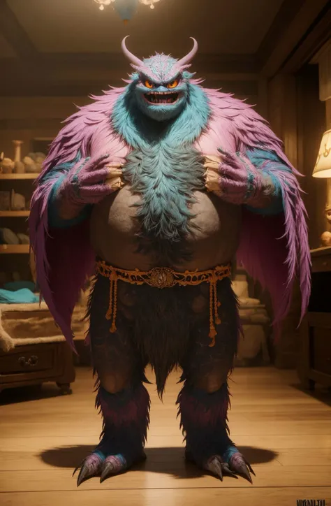 El musculoso James P Sullivan con los brazos cruzados muscular, pervert face , sudadera sin mangas in thong big ass naked, big bulge between legs, con su cola de reptil con un big dick entre sus piernas, showing big ass ((NSFW ))