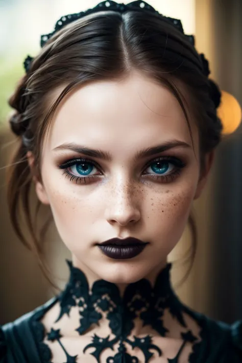 close-up shot, woman, gothic make-up, detailed skin, light freckles, shallow depth of field, OverallDetail