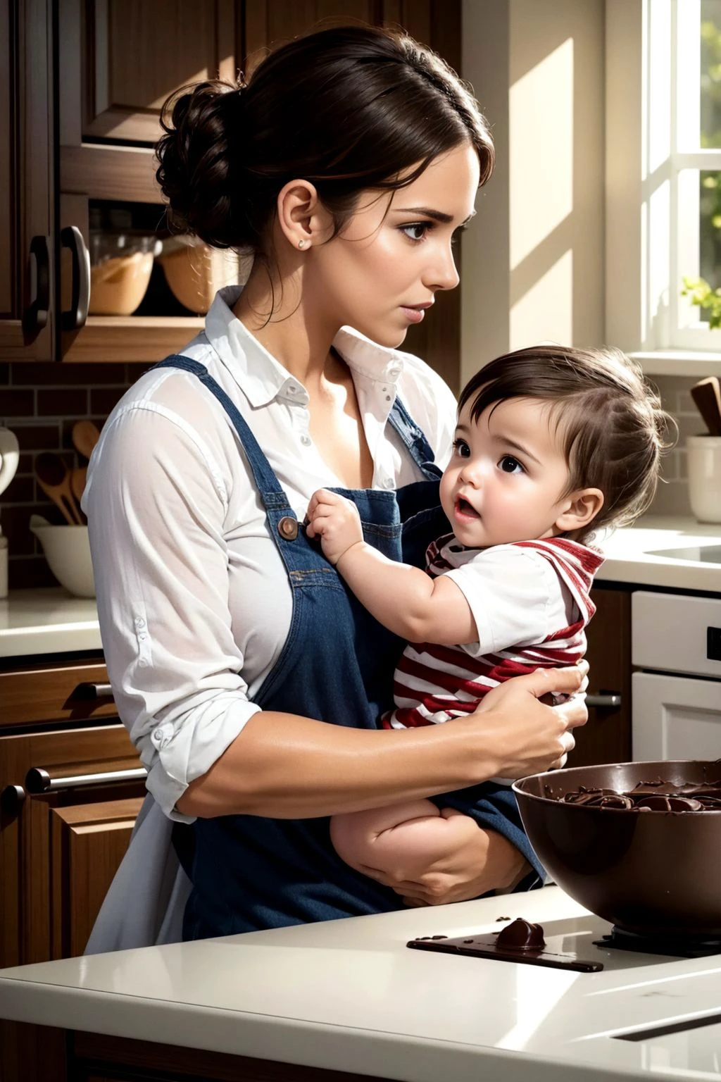 A mother in the kitchen looks at her with a confused expression, whose whole face is covered in chocolate, The baby a chocolate in his hand and his mouth is completely covered in chocolate, OverallDetail, high quality, photorealistic, high resolution, raw photo, masterpiece, 8k