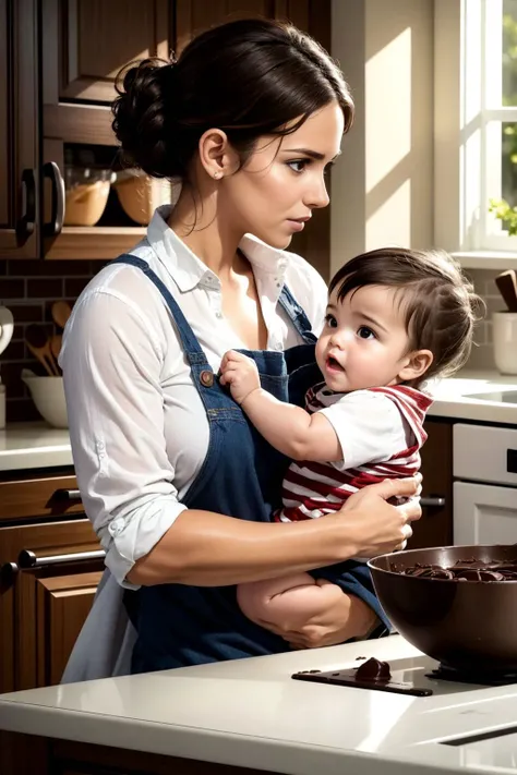 A mother in the kitchen looks at her baby with a confused expression, whose whole face is covered in chocolate, The baby has a chocolate in his hand and his mouth is completely covered in chocolate, OverallDetail, high quality, photorealistic, high resolution, raw photo, masterpiece, 8k