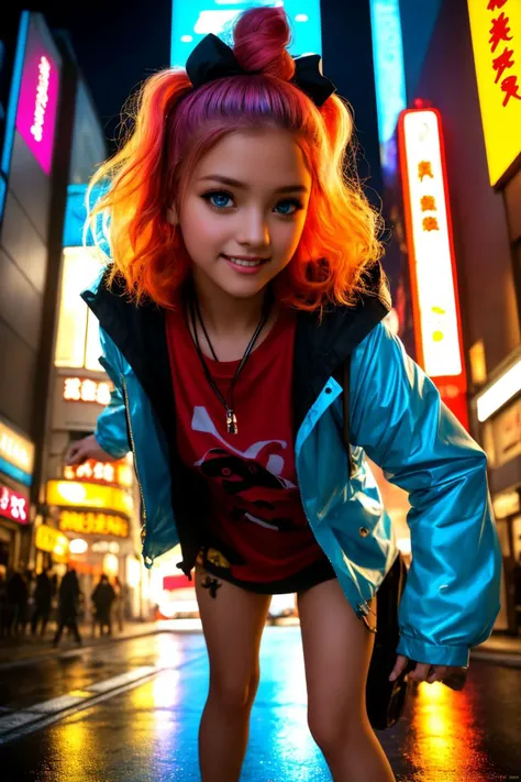 realistic, Analog style, vhs style, 8mm film, chromatic aberration, Dvd screengrab, from 1985 dark fantasy film, cinematic lighting, night city, 1girl, Japan, realistic, teen girl, smiling, cute face, harajuku fashion style, rain coat, beautiful, colourful, neon lights, cyberpunk, smooth skin, sideways glance, foreshortening, 8K, smooth, high resolution, highly detail eyes, highly detail mouth, highly detailed face, perfect eyes, both eyes are the same, glare, Iridescent, Global, high details, realsitic shadow