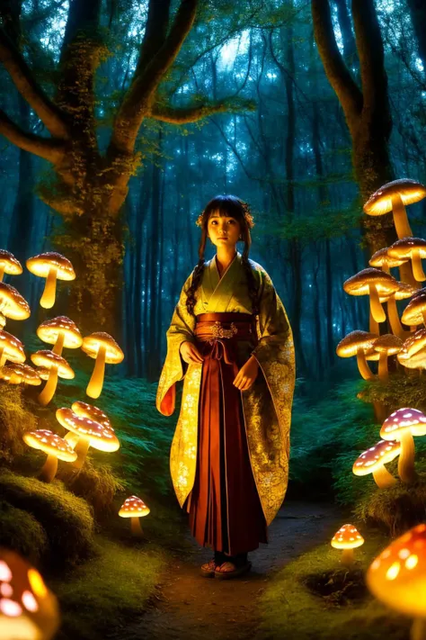 1girl, young, beautiful, OverallDetail, photo, perfect, Enchanted forest with glowing mushrooms and fairy lights, Frayed haori and matching hakama, Melancholic expression