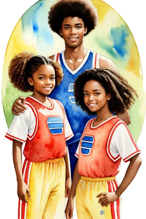 masterpiece,best quality,high quality,1man,2girls,( family portrait),afro hair,smiling,sports outfit,centered frame,((watercolor)) painting, <lora:GoodHands-beta2:1>