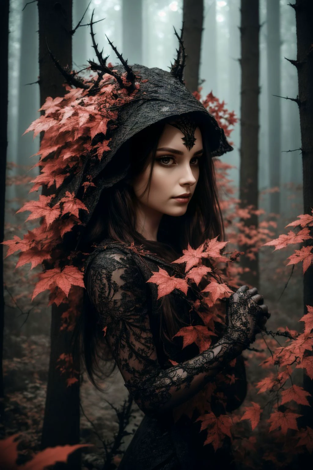 (dark magic:1.2), (grim:1.1) forest, female bushes with thorns, intricate details, (hyperdetailed), 8k hdr, lot of details, (colored:1.3), sharp focus, 8k, high resolution, depth of field, high contrast, high-definition, OverallDetail