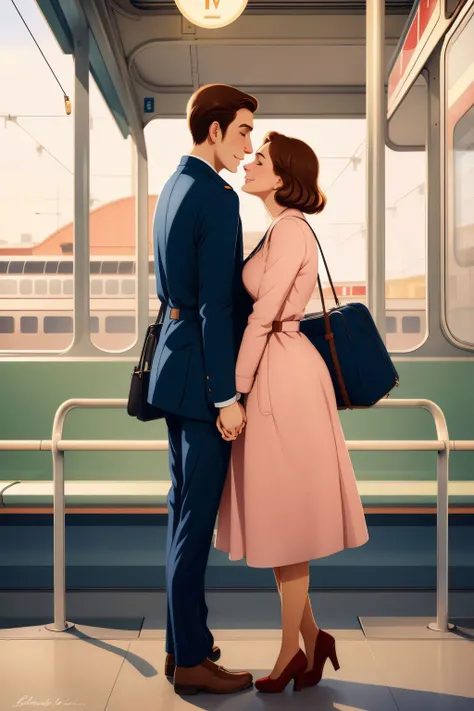 Couple embracing, farewell, luggage, Train station, illustration in the style of Jean-Pierre Gibrat