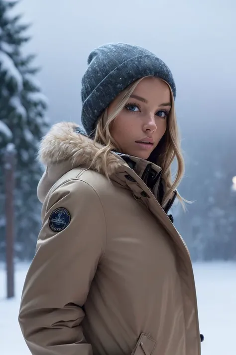 photo of S106_Maddie_Teeuws, a gorgeous woman, in a (snowy-landscape:1.2), wearing a (parka-jacket:1.1), (8k, RAW photo, best quality, depth of field, ultra high res:1.2), (absurdres, intricate, photorealistic, masterpiece, ultra-detailed, Unreal Engine:1.3)