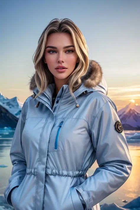photo of S229_VeronikaRajek,a stunning woman,in a (glacier:1.1),(ice:1.1),wearing a (parka-jacket:1.1),(sunset:1.1),(8k, RAW photo, best quality, depth of field, ultra high res:1.1),(absurdres, intricate, photorealistic, masterpiece, ultra-detailed:1.2),