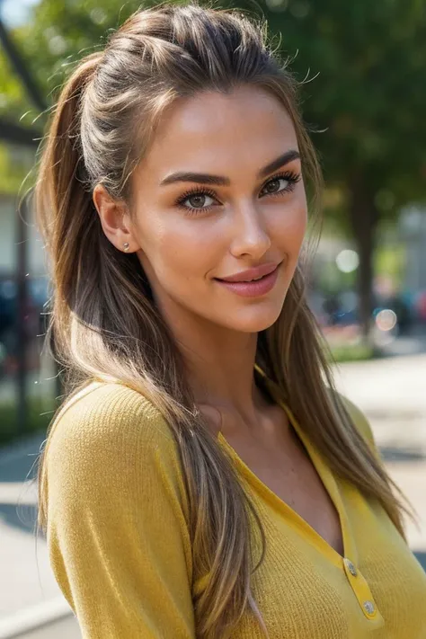 closeup headshot of S229_VeronikaRajek,a beautiful woman,in a (patio:1.1),wearing a (long-sleeve henley:1.1),(ponytail:1.1),(8k, RAW photo, best quality, depth of field, ultra high res:1.1),(absurdres, intricate, photorealistic, masterpiece, ultra-detailed:1.2),