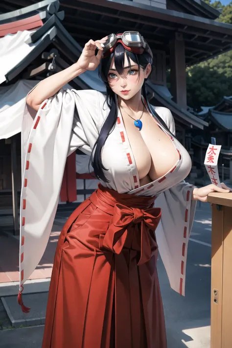 8k, 1girl,koyori_togashi, solo, long_hair, breasts, skirt, large_breasts, cleavage, japanese_clothes,magatama, goggles, hakama, hakama_skirt, goggles_on_head, ofuda, miko, tabi, red_hakama,japanese shrine,(masterpiece:1.4),(best quality:1.4),(shiny skin), <lora:koyori:0.7>