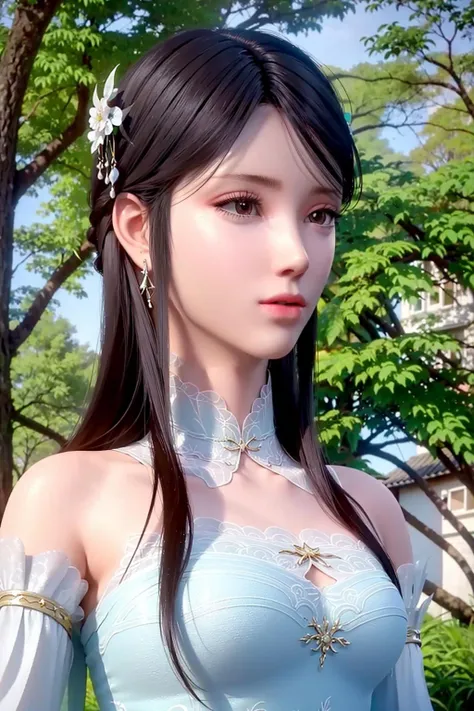 xuner,
(crystalstexture skin:1.2), (extremely delicate and beautiful),
1girl, solo, jewelry, long hair,bare shoulders, black hair, looking at viewer,earrings, <lora:5xuner-19:0.5>, delicate lace, lace, white skin, pale skin, 3d, (large breasts:1.2), hair ornament, soft lighting, natural lighting, day, sky, wisteria, outdoors
