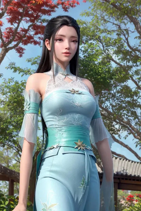 xuner, 1girl, 3d, architecture, artist name, autumn, autumn leaves, bare shoulders, bare tree, black hair, blue sky, blurry, blurry background, blurry foreground, branch, chinese clothes, cosplay photo, day, depth of field, east asian architecture, falling leaves, fence, forest, garden, leaf, long hair, looking at viewer, maple leaf, motion blur, nature, outdoors, palm tree, park, photo \(medium\), photo background, pine tree, shrine, sleeveless, solo, torii, tree, tree shade, cowboy shot, wisteria, <lora:5xuner-19:0.6>, large breasts