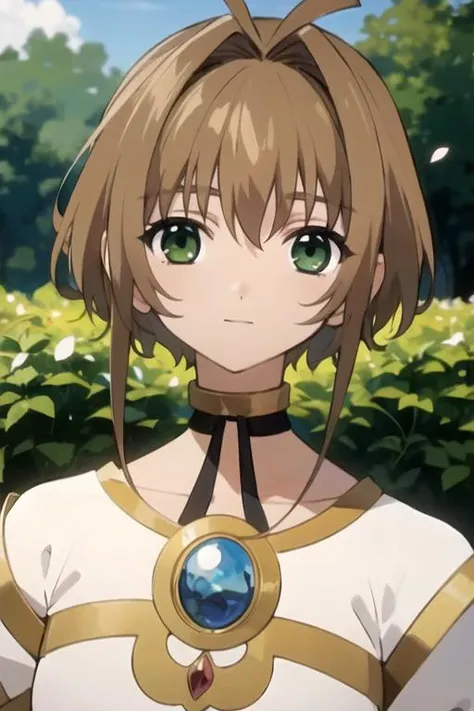 masterpiece, best quality, wallpaper, 1girl, solo, looking at viewer, upper body, depth of field, ligne claire, , <lora:sakura_tsubasa_chronicle:0.66>, sakura_tsubasa_chronicle, brown hair, green eyes, egyptian costume, garden, 16k resolution