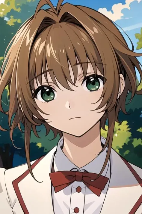 masterpiece, best quality, , 1girl, solo, looking at viewer, upper body, depth of field, ligne claire, , <lora:sakura_tsubasa_chronicle:0.70>, sakura_tsubasa_chronicle, brown hair, green eyes, formal wear, , The Island of Dreams: A place where all your deepest desires come true,