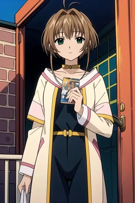 masterpiece, best quality, illustration, 1girl, solo, looking at viewer, , depth of field, anime coloring, , <lora:sakura_tsubasa_chronicle:0.72>, sakura_tsubasa_chronicle, brown hair, green eyes, comic book character costume, industrial, HD