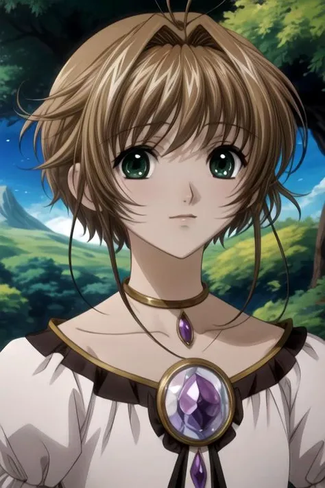 masterpiece, best quality, game cg, 1girl, solo, looking at viewer, upper body, depth of field, anime coloring, , <lora:sakura_tsubasa_chronicle:0.74>, sakura_tsubasa_chronicle, brown hair, green eyes, , The Island of Dreams: A place where all your deepest desires come true,