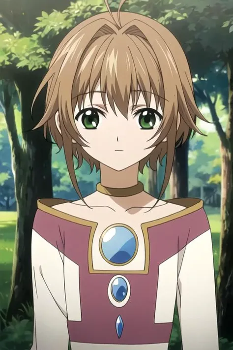 masterpiece, best quality, illustration, 1girl, solo, looking at viewer, upper body, , , , <lora:sakura_tsubasa_chronicle:0.74>, sakura_tsubasa_chronicle, brown hair, green eyes