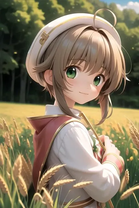 masterpiece, best quality, illustration, 1girl, solo, looking at viewer, , depth of field, ligne claire, , <lora:sakura_tsubasa_chronicle:0.70>, sakura_tsubasa_chronicle, brown hair, green eyes, pirate costume, field of wheat,
