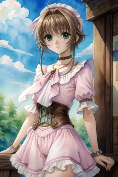 masterpiece, best quality, , 1girl, solo, looking at viewer, , , (watercolor illustration, soft pastel colors:1.1), , <lora:sakura_tsubasa_chronicle:0.74>, sakura_tsubasa_chronicle, brown hair, green eyes, casual wear, kerchief, steampunk, High definition