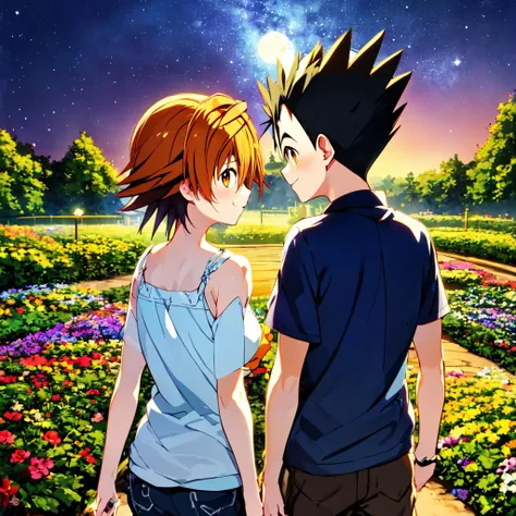 best quality, highres, saruyamariko, midnight, starry sky, milky way, beautiful moonlight, flower garden, looking at another <lora:saruyamariko_v1:0.7>