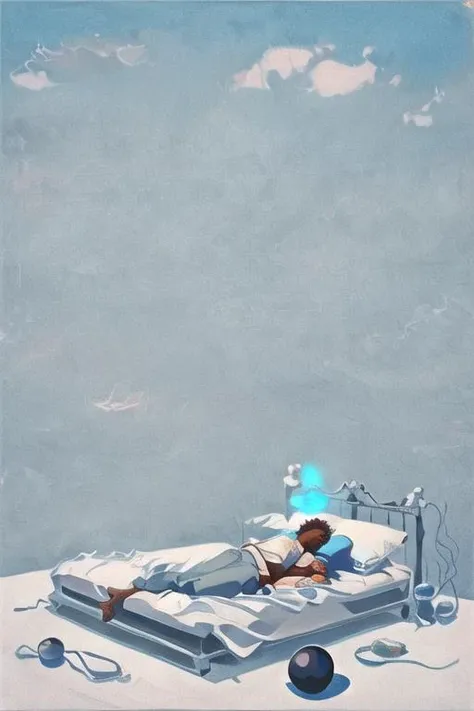 illustration of a man sleeping in bed and talking to a (black orb) on a shelf, a (genie) of (Samuel L Jackson) is coming out of the orb saying "Its fucking late, why aren't you in bed?", Alexa device, <lora:R2W_distance:3>