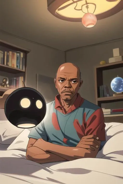 illustration of a man sleeping in bed and talking to a (black orb) on a shelf, a (genie) of (Samuel L Jackson) is coming out of the orb saying "Its fucking late, why aren't you in bed?", Alexa device, <lora:R2W_distance:1>