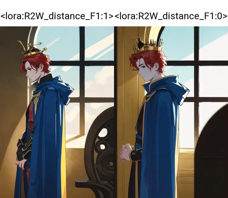cool male, red wavy hair, black eye
black costume with long blue cape, golden crown
light through windows, dramatic shadow <lora:R2W_distance_F1:1>