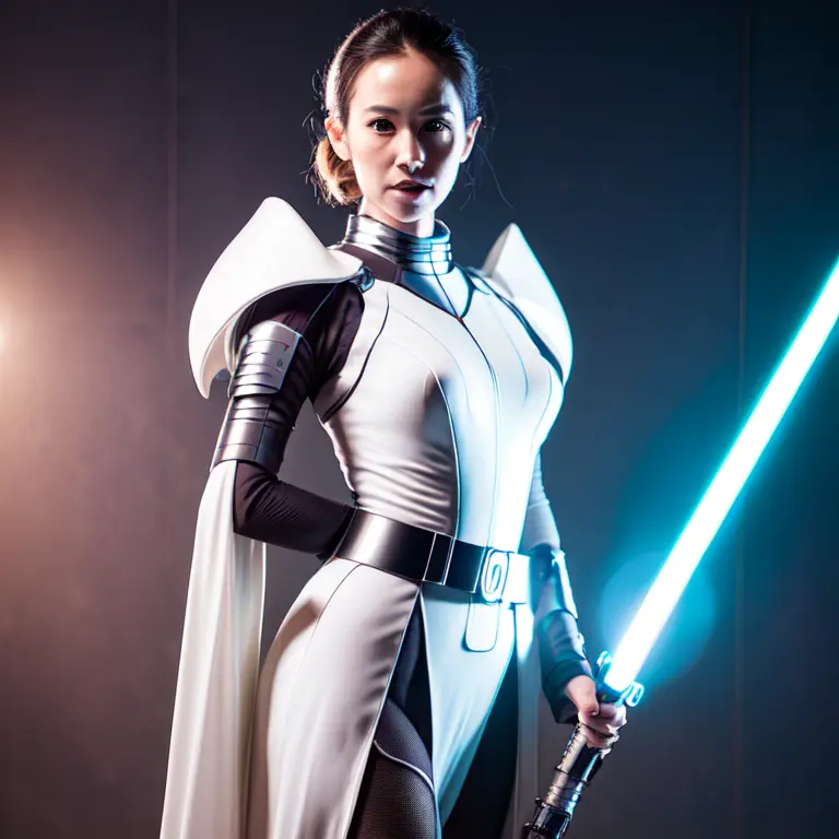 photo, woman with a sci - fi outfit holding a light saber (ghostshell style:1) <lora:djzGhostShellV21:0.8>