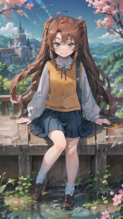 (1girl:1.2), gradient hair, countryside, cityscape, Sunshine, Flowers and plants, Blue Sky, Glass window, Scenery, Light perception, Soft sunshine, green eyes, two side up, brown hair, long hair, school uniform, yellow sweater vest, white shirt, dark blue skirt, antenna hair, ribbon, (masterpiece, top quality, best quality, official art, beautiful and aesthetic:1.2), extreme detailed, colorful, highest detailed, <lora:add_detail:0.3>, ultra high res, visually stunning, gorgeous, abstract art, extremely detailed wallpaper, multicolored background, full body, water, building, landscape, skyline, rural, tree shade, outdoors, (cosmic beauty, colorful hair:1.2), light reflection, glass, cherry blossoms,  <lora:Koshigaya Komari:1>, sitting, light smile,