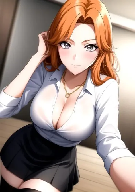 1girl, orange hair, gray eyes, white shirt, collared shirt, black skirt, thighhighs, cleavage, gold necklace, intrincate details, detailed face and eyes, masterpiece, best quality, 4K, HDR, <lora:Rangiku_Matsumoto-09:0.7>