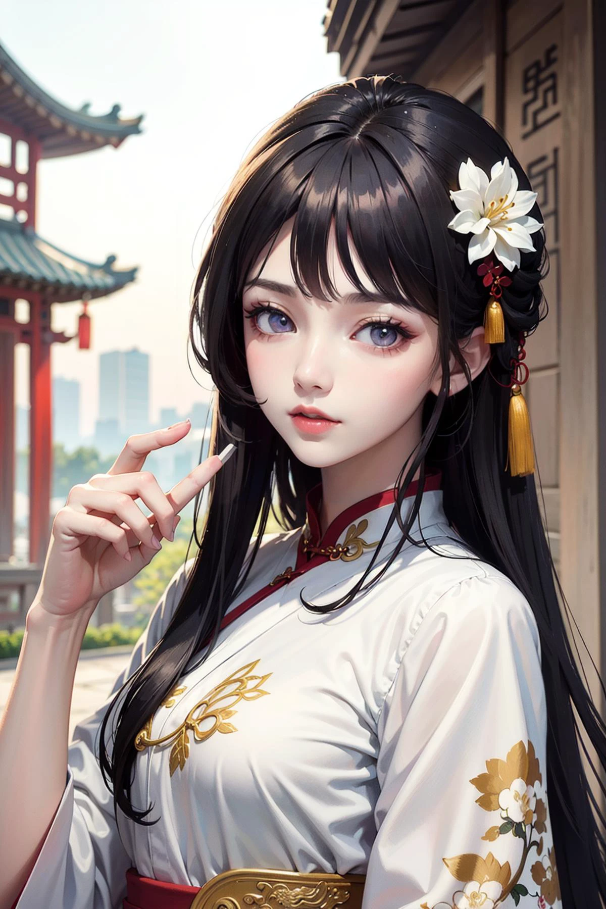 ((best quality)), ((masterpiece)) , ((ultra-detailed)), (illustration), (detailed light), (an extremely delicate and beautiful), ((1girl)), ((solo)), (beautiful detailed eyes), depth of field,hanfu, dynamic pose,(((beautiful detailed chinese style architecture))), upper body, (((outdoors))), detailed chinese style tassel, hair flower