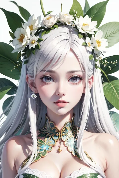 Botanical illustration, masterpiece, best quality, extremely detailed, watercolor, masterpiece, best quality, extremely detailed, 1girl, full body, beautiful detailed eyes, cute anime face, full body, beautiful detailed face, white hair, (Botanical illustration:1.5), white dress