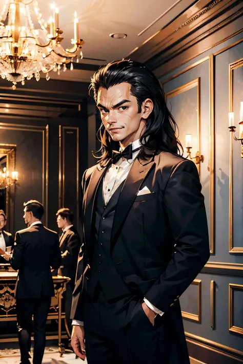 raditz, man, long black hair, black eyes, wearing a black suit, looking at viewer, serious, evil grin, upper body shot,
standing, inside a fancy ballroom, chandelier, extreme detail, masterpiece, <lora:raditz_v0_3_prod:.8>
