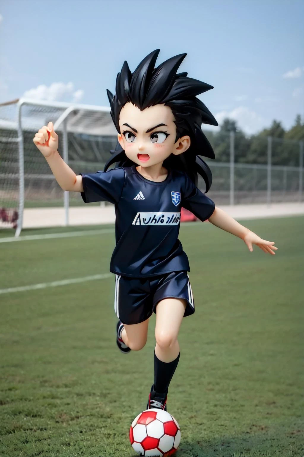raditz, 1boy,AS-YoungestV2, solo, black hair, black eyes, full body,playing soccer, soccer field, grass,black t-shirt, black shorts,very long hair,spiked hair,soccer ball,running, (best quality, masterpiece) , <lora:raditz_v1:1>