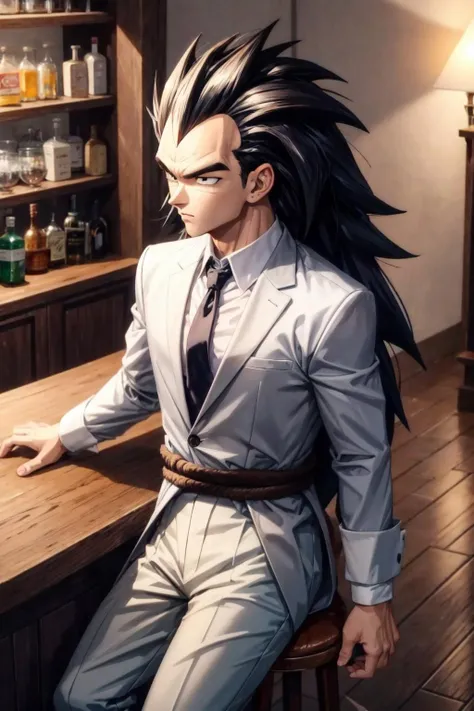raditz, 1boy,,male focus, solo, black hair, black eyes, cowboy shot,grey suit, grey blazer, grey pants, white collared shirt, black necktie, (tail around waist), sitting, bar, indoors,very long hair,night,stool, (best quality, masterpiece) , <lora:raditz_v1:1>