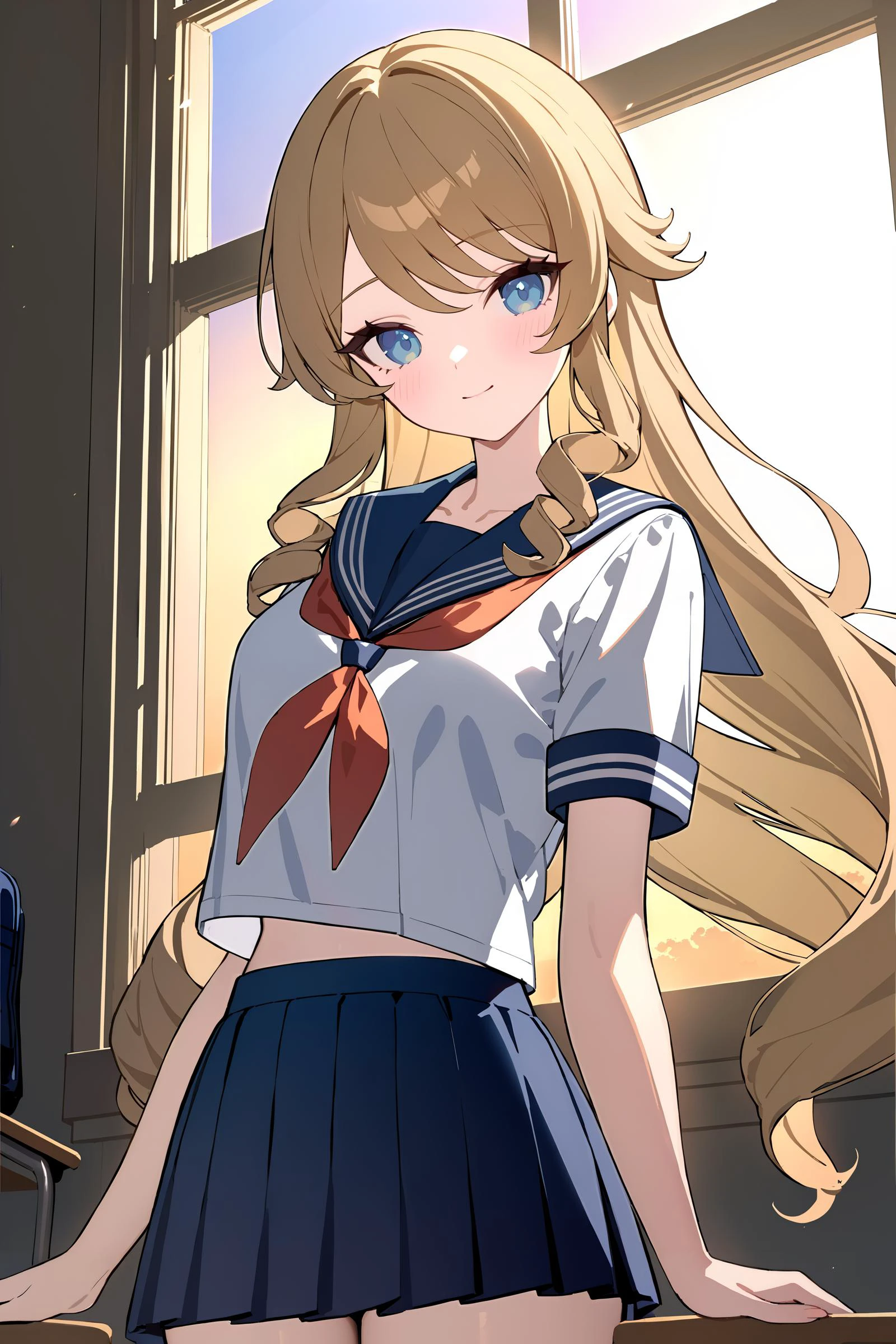 masterpiece, best quality, very aesthetic, ray tracing, newest, (hitenkei, askzy:0.4), 1girl, navia \(genshin impact\), school uniform, serafuku, cowboy shot, backlighting, sunbeam, sunset, classroom, indoors, window, light smile, blush, looking at viewer, facing viewer <lora:EnvyBetterHiresFixXL01:0:hr=1>, <lora:Char-Genshin-Navia-XL-V1:0.8>